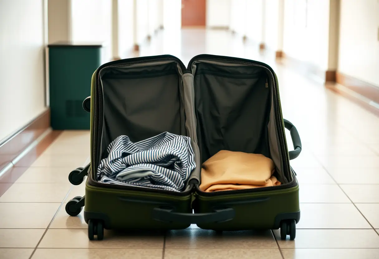Une valise à quatre petites roues ouverte sur un carrelage dans un couloir éclairé en Espagne