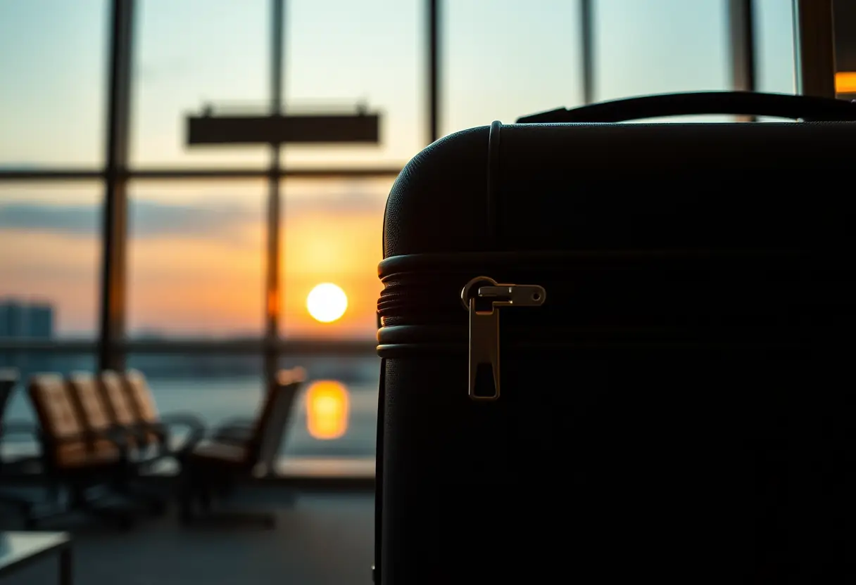 Une valise zippe fermement dans un salon d'aéroport silencieux, éclairée par le soleil couchant.