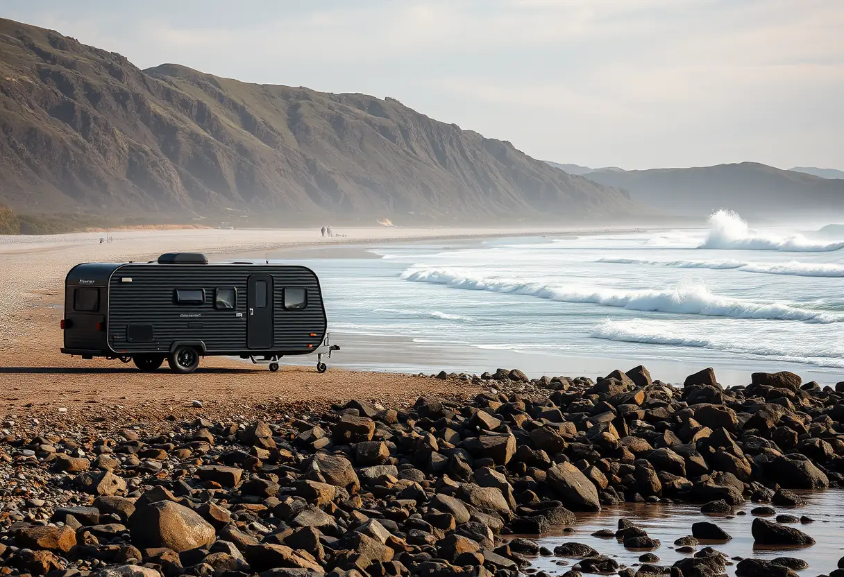 Un camping-car noir garé près d'une plage rocheuse au Portugal