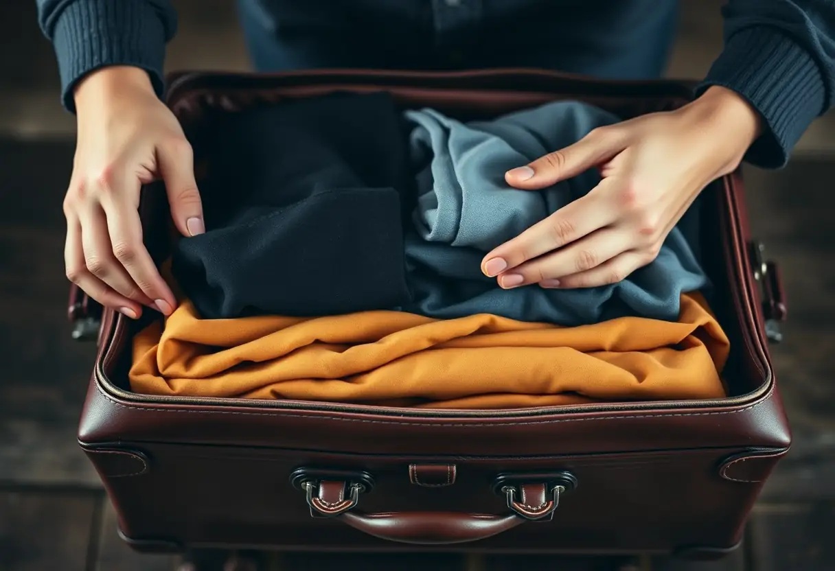 Des mains plient soigneusement des vêtements dans une valise en cuir brun foncé.