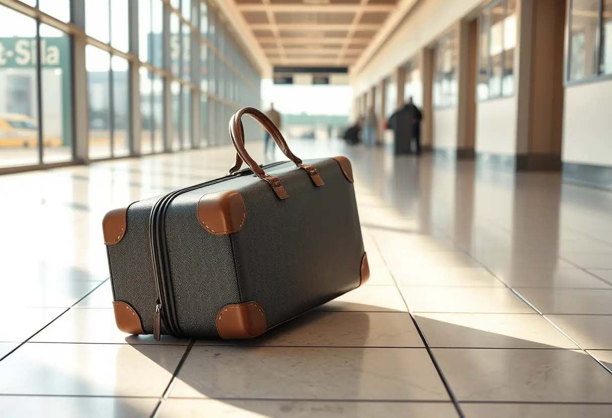 Valise posée sur le sol dallé d'un couloir d'aéroport éclairé par la lumière du jour
