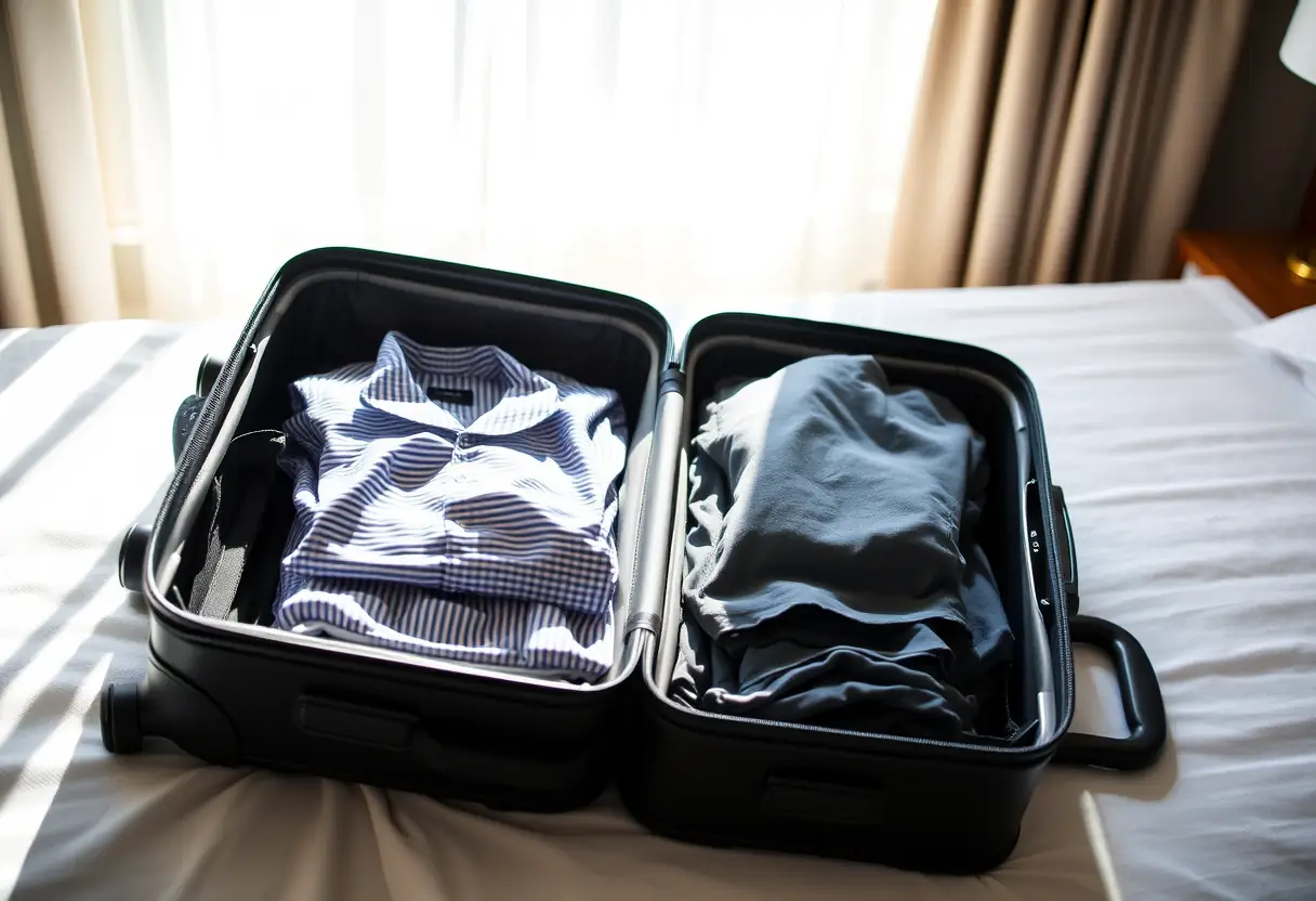 Une valise ouverte sur un lit d'hôtel contenant des vêtements pliés