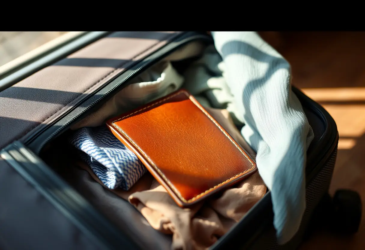 Une valise fermée près d'une fenêtre éclairée par la lumière du matin