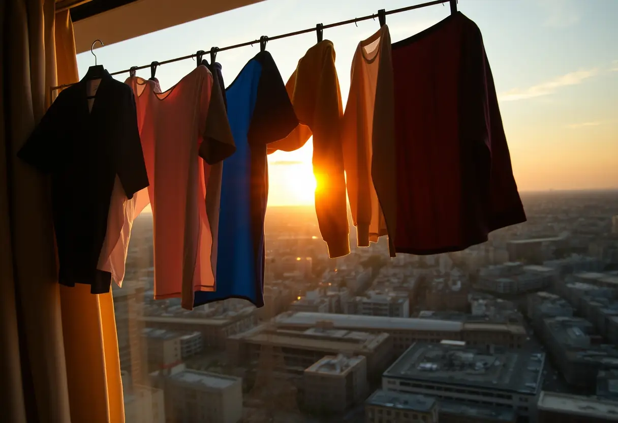 Des vêtements suspendus sur une rambarde de balcon dans un hôtel avec un coucher de soleil