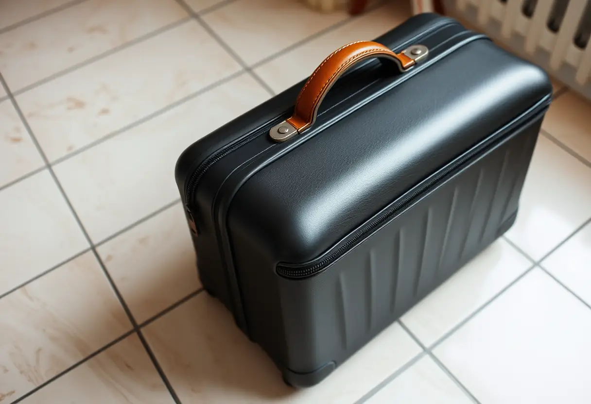 Une valise posée sur un sol carrelé, prête pour un voyage