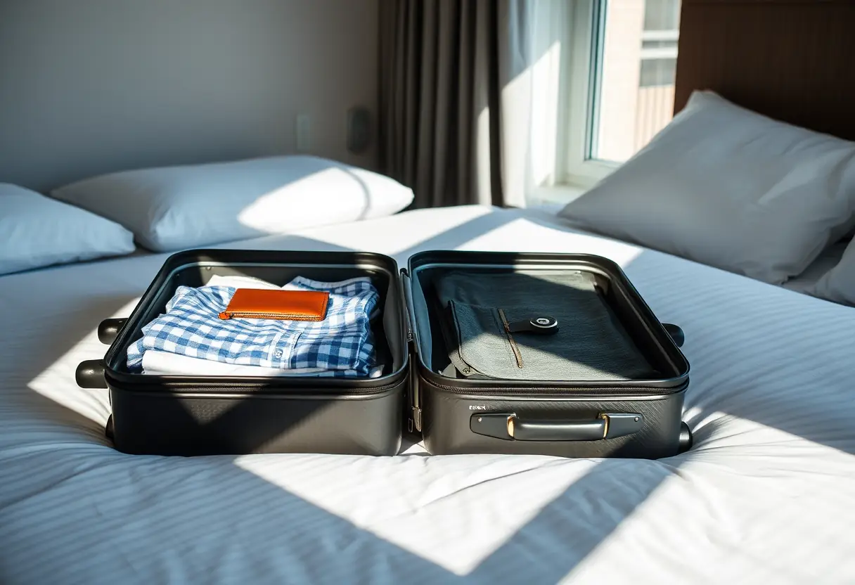 Un sac à main ouvert sur un lit d'hôtel contenant des vêtements pliés et un porte-monnaie en cuir.