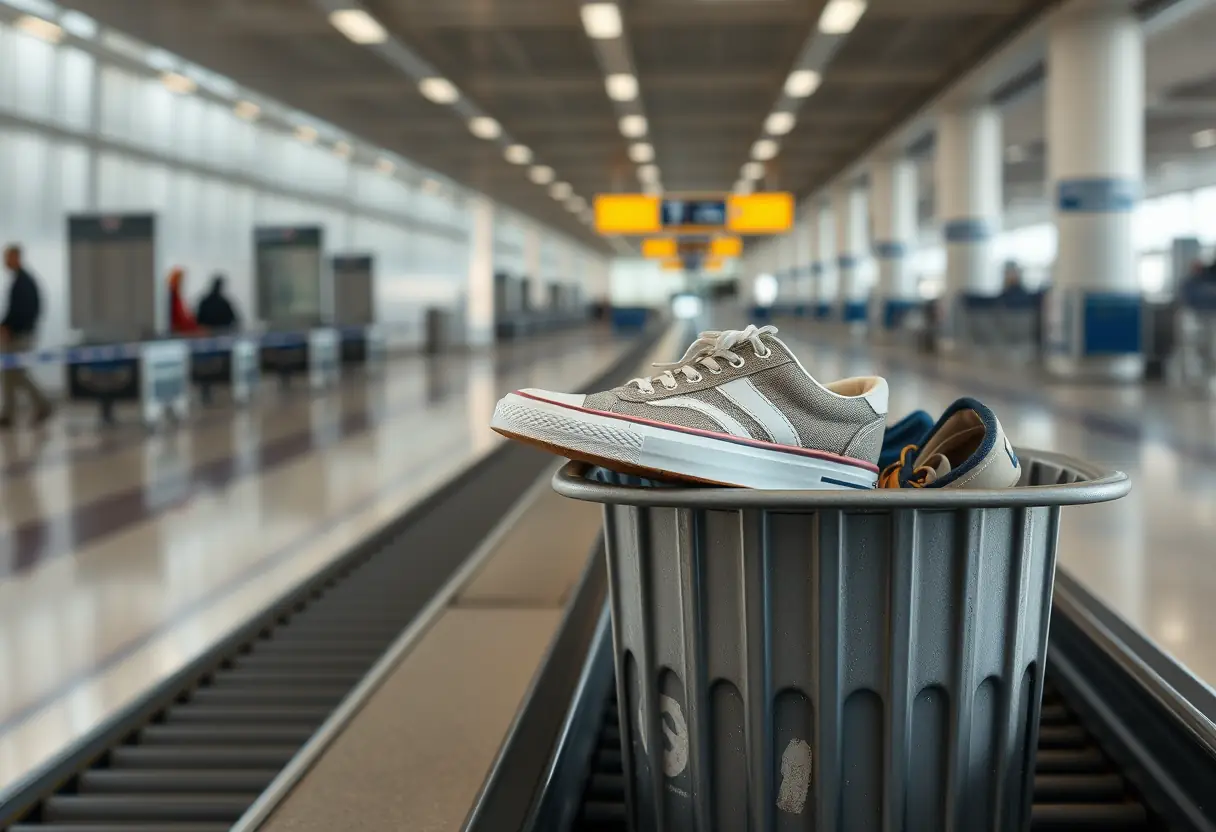 Un bac métallique rempli d'articles dans un terminal d'aéroport, avec une chaussure posée dessus.