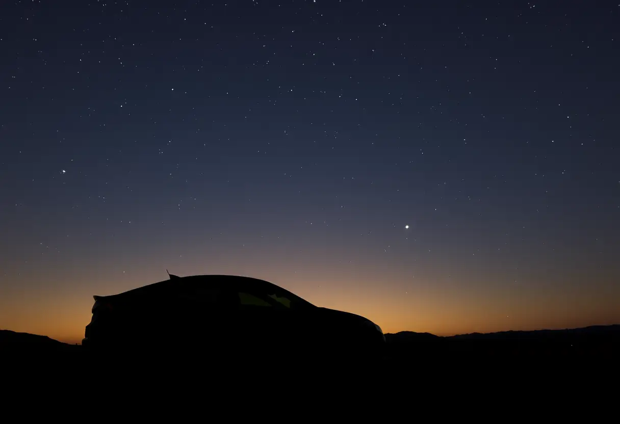 Contour d'une voiture garée sous un ciel étoilé du désert