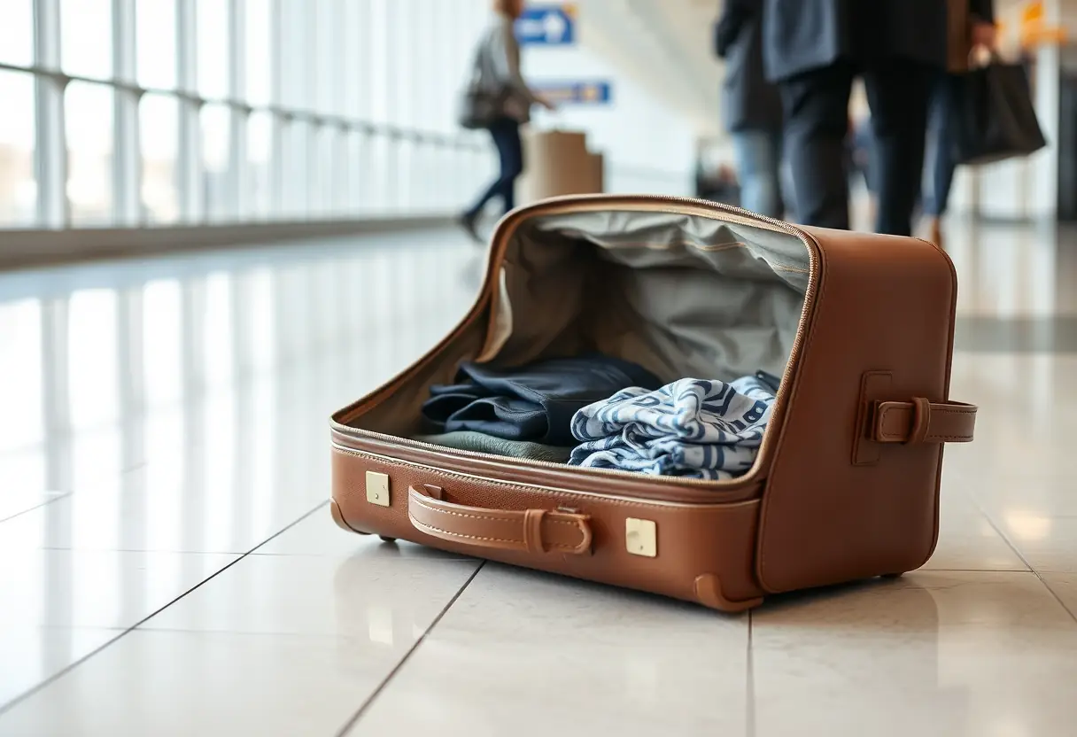 Une valise ouverte partiellement dans un terminal d'aéroport, contenant des vêtements pliés