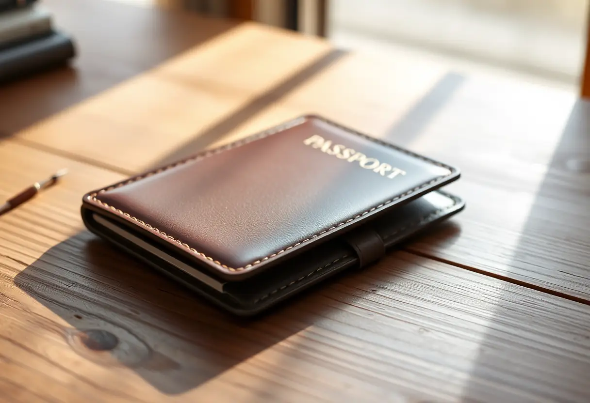 Un passeport dans un étui en cuir sur un bureau