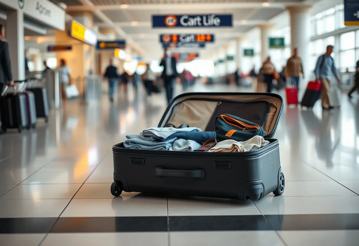 Valise ouverte dans un aéroport, articles de voyage et vêtements pliés