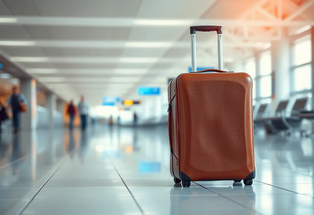 Un sac de voyage fermé posé sur un sol dallé dans un aéroport