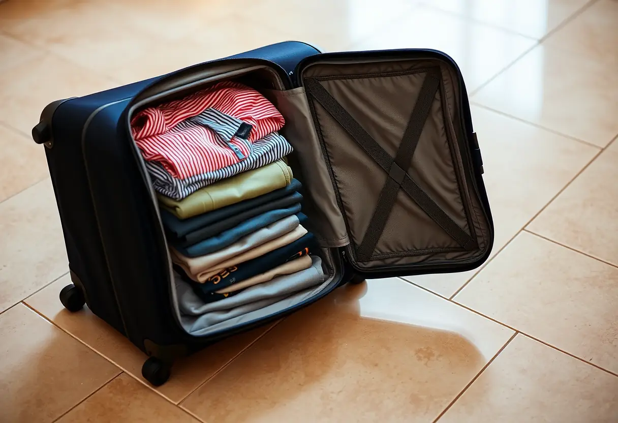 Une valise bleue ouverte révèle des vêtements pliés avec soin sur un sol carrelé dans une maison marocaine