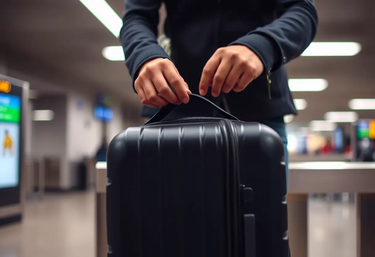 Des mains fermentent un petit bagage carré avant le contrôle de sécurité