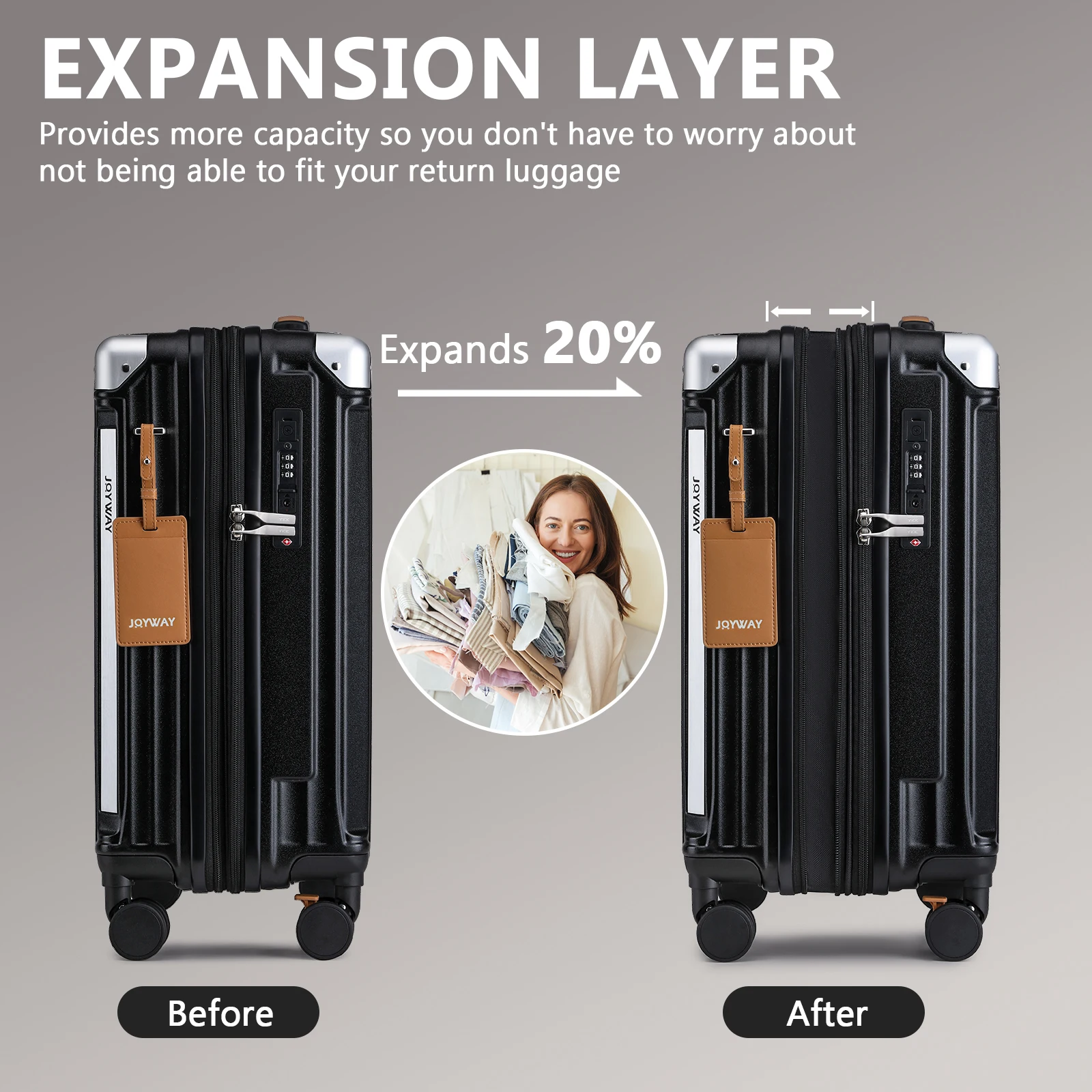 joyway bagage à main 20 pouces avec porte gobelet et port usb, capacité extensible à 25%, valise intelligente avec roues antidérapantes