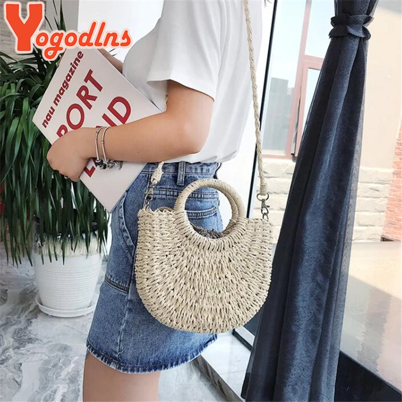 yogodlns fait à la main demi rond rotin tissé sac de paille été femmes messager sacs à bandoulière filles petit sac à main de plage nouveau