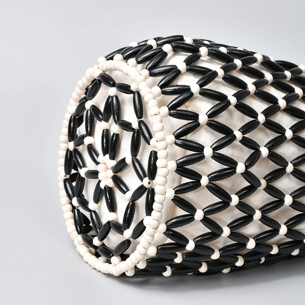 sac à main tissé pour femmes, design exquis, fourre tout en perles de bois ajourées, sac seau à bandoulière, sac à main perlé fait à la main