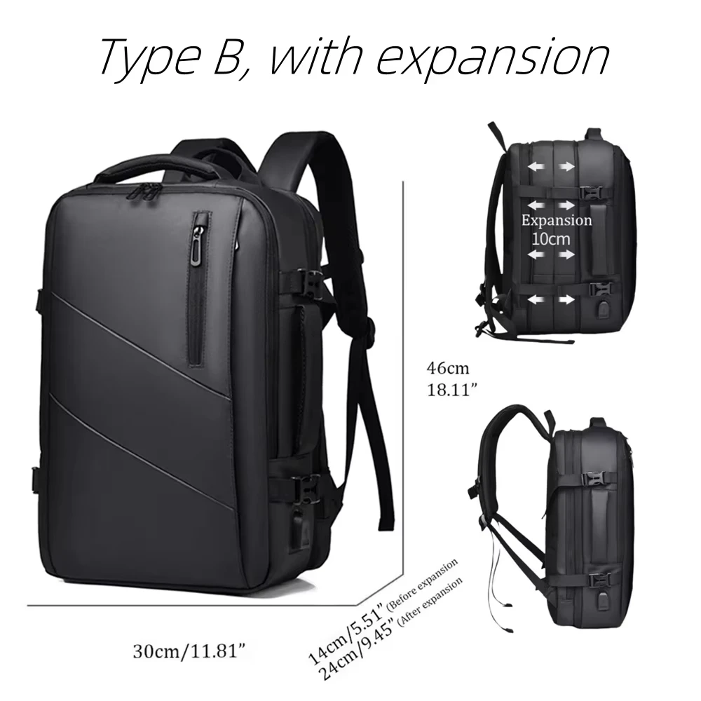 sac à dos extensible de grande capacité pour hommes, sac de voyage d'affaires pour ordinateur portable 15.6 pouces, étanche, chargeur usb, bagages de camping