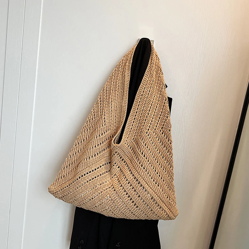 sac fourre tout en crochet fait à la main pour femmes, sac tricoté de grande capacité, sac à bandoulière tendance de plage d'été de styliste ajouré, kaki