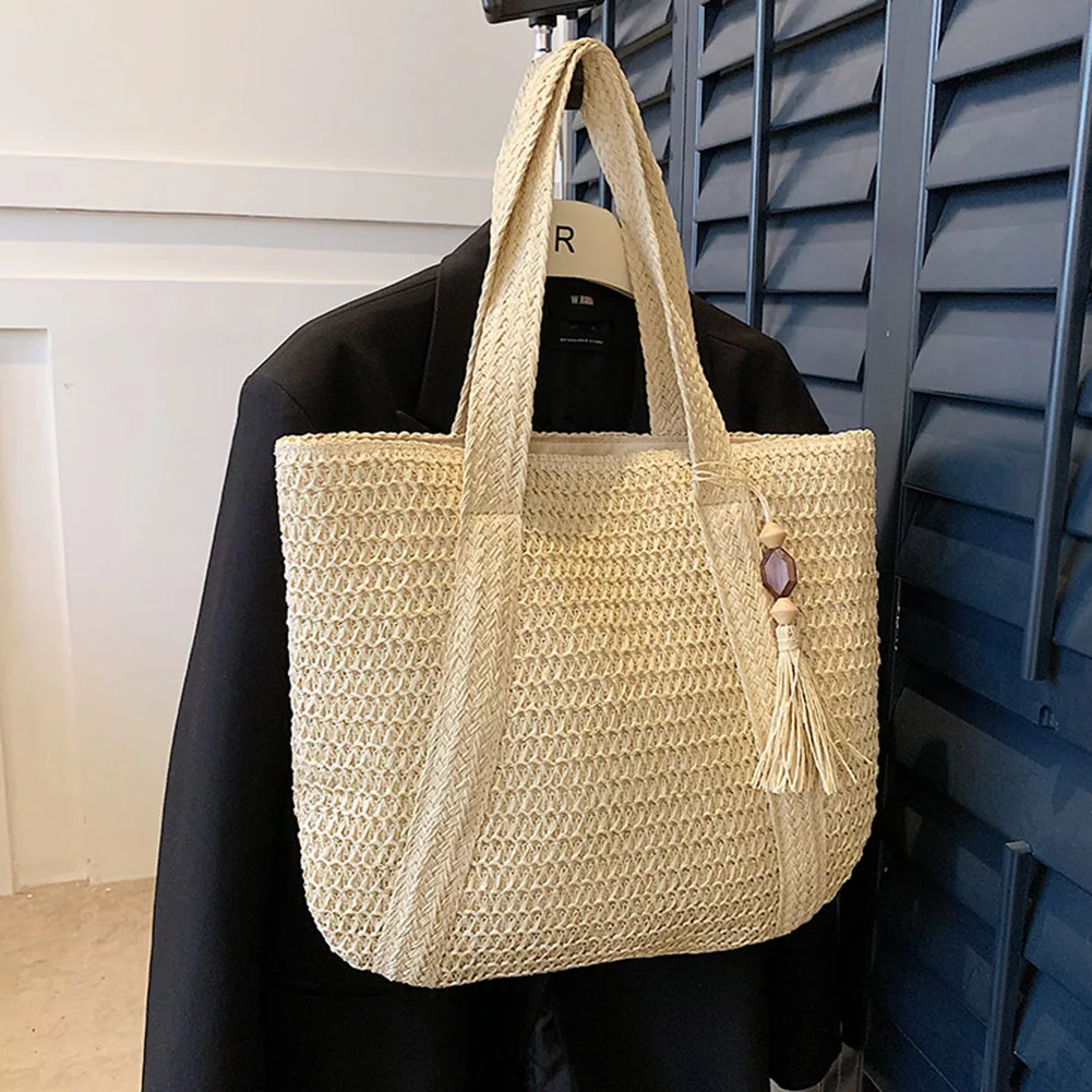 sacs à main tissés à la main, sacs d'été à poignée supérieure, faits à la main, simples, grande capacité avec pendentif pompon, fourre tout décontracté