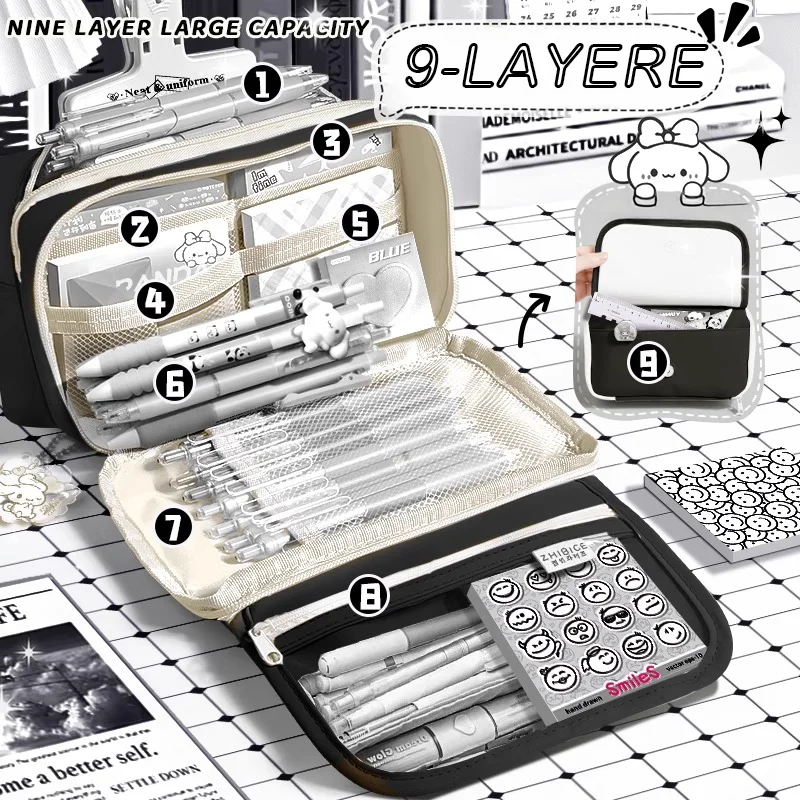 inkpals – trousse à crayons noire de grande capacité, étuis scolaires kawaii pour enfants, pochette pour grand garçon, sac de retour à l'école, boîte de rangement pour stylos