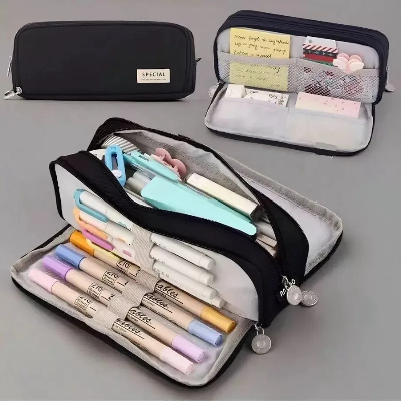 trousse à crayons de grande capacité, pochette à crayons à la mode, 3 compartiments, grande pour l'école, le bureau, la papeterie de voyage