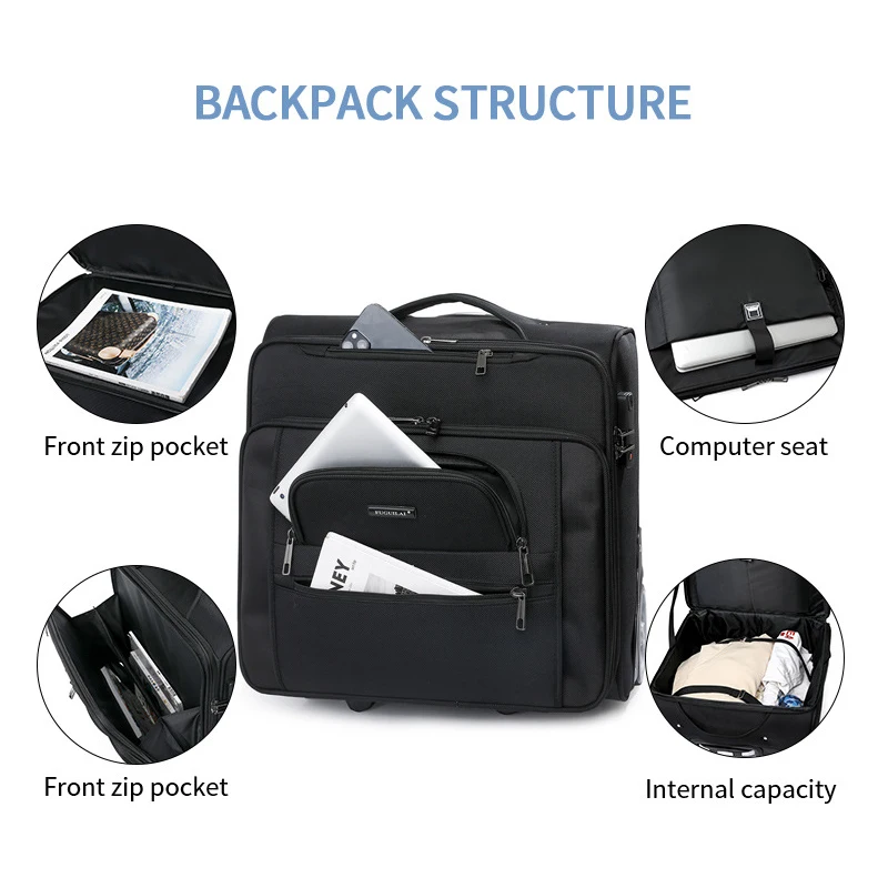 valises de voyage de 19 pouces, bagages roulants, sac pour ordinateur portable d'embarquement d'affaires, boîtier de chariot en tissu oxford avec grandes roues, bagage à main