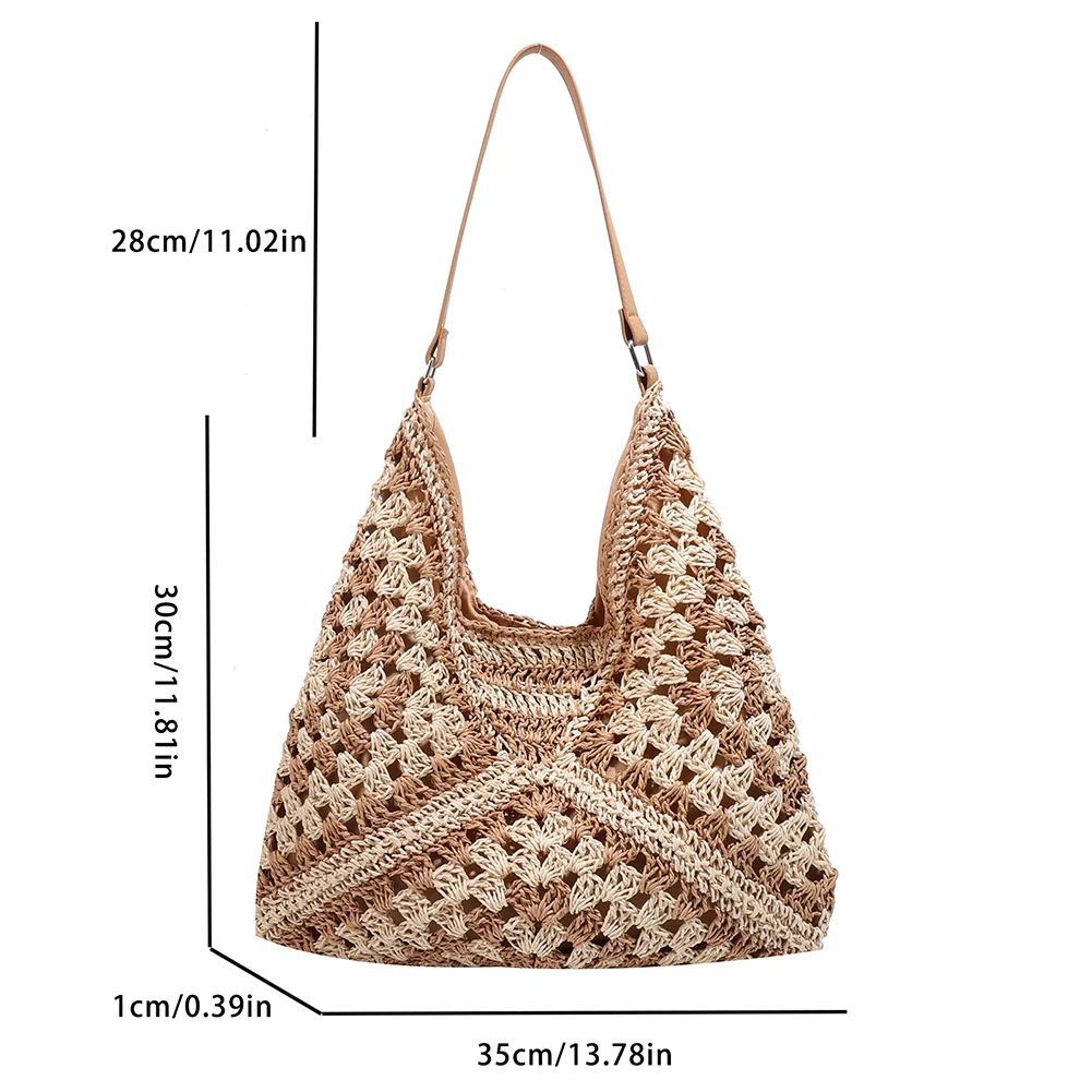 sac à main d'été bohème tressé, fourre tout décontracté, sac de plage en paille creuse, sac initié tissé, sac de voyage en raphia et rotin