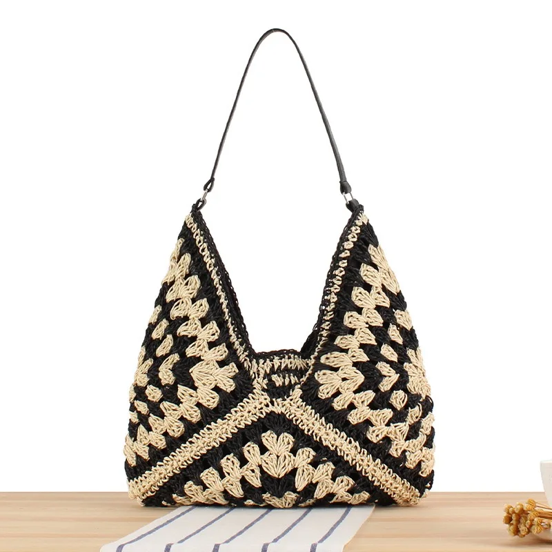 sac à main d'été bohème tressé, fourre tout décontracté, sac de plage en paille creuse, sac initié tissé, sac de voyage en raphia et rotin