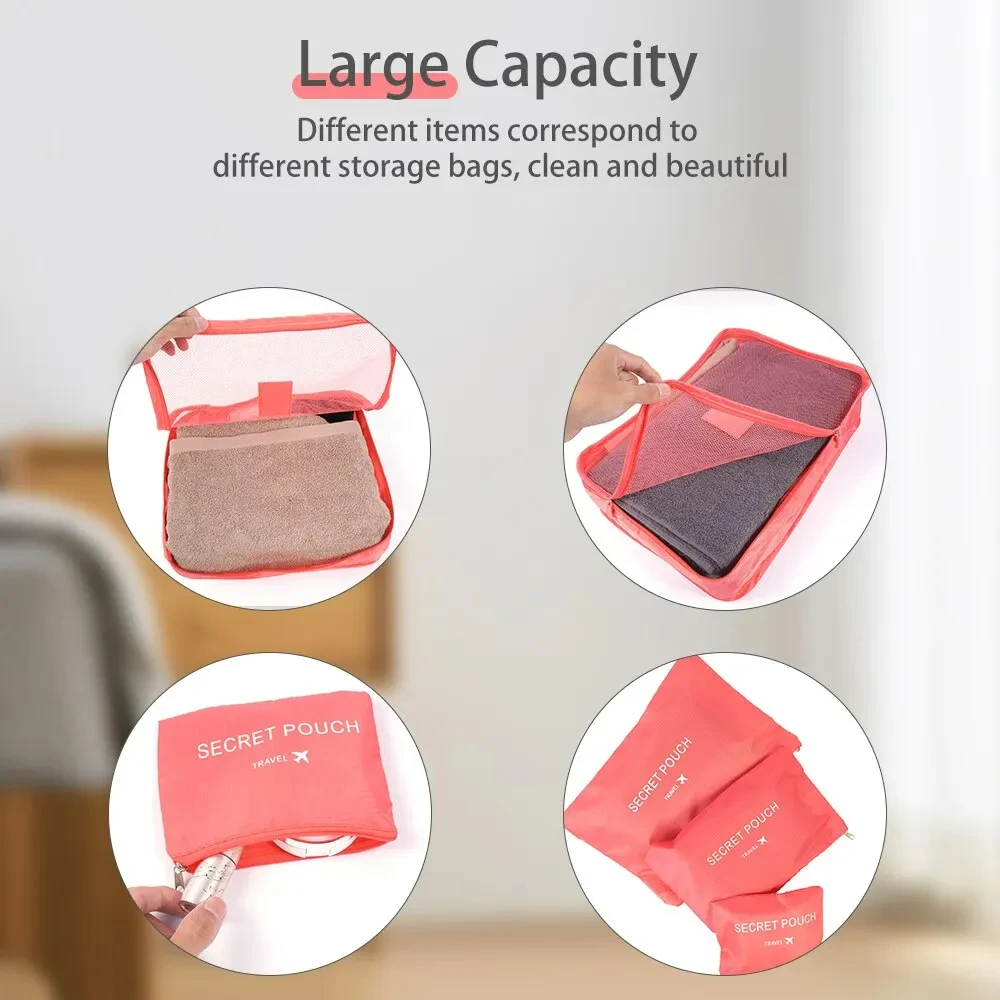 sacs de voyage pour bagages, 6 pièces, sac de rangement pour sous vêtements et chaussures, pochette de valise en tissu imperméable oxford, organisateur cube rouge pour vêtements