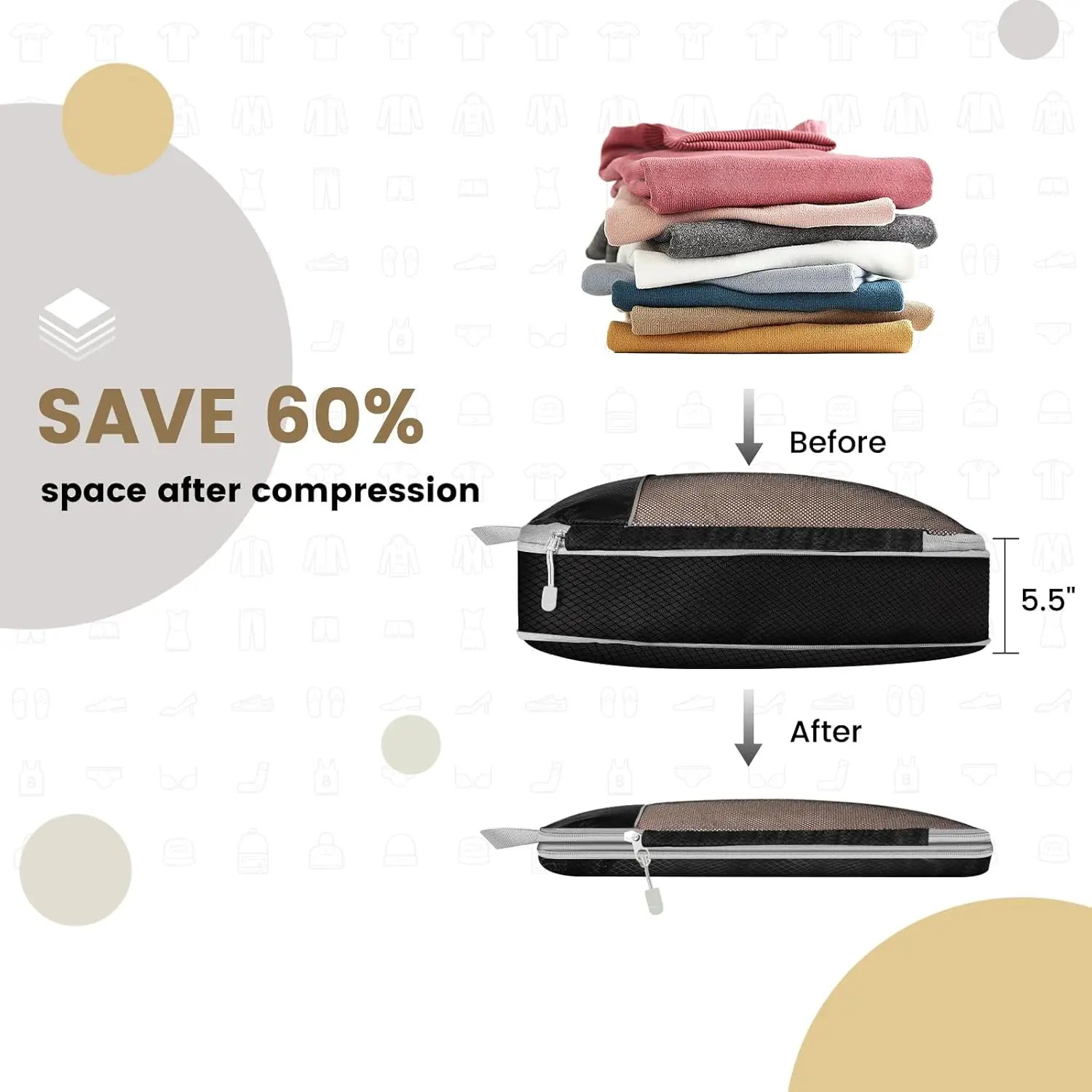 cubes d'emballage compressés de voyage, ensemble d'organisateurs de rangement avec sac à chaussures, bagages visuels en maille, valise légère et portable 6 pièces