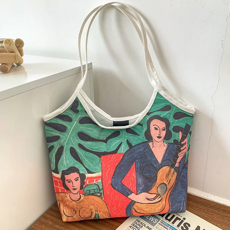 sacs à main peinture à l'huile toile sac nouveau à la mode grande capacité épaule décontracté mode simple boucle magnétique sac à main fourre-tout sacs