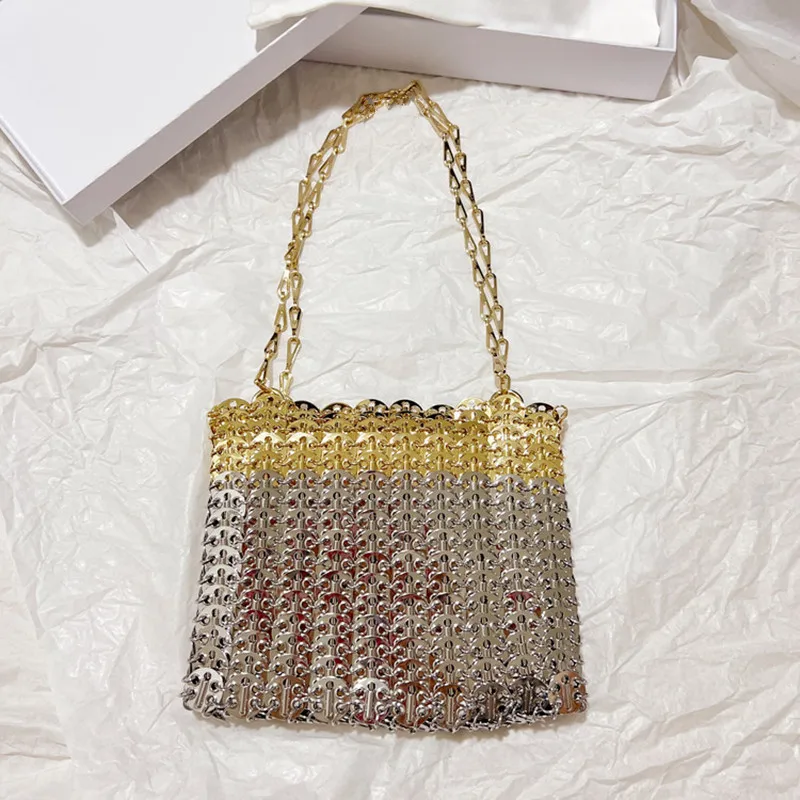 sac à main tissé à la main pour femme, pochette d'épissage en métal doré et argenté, sac fourre tout de créateur, sacs esthétiques de luxe, initié aux vacances