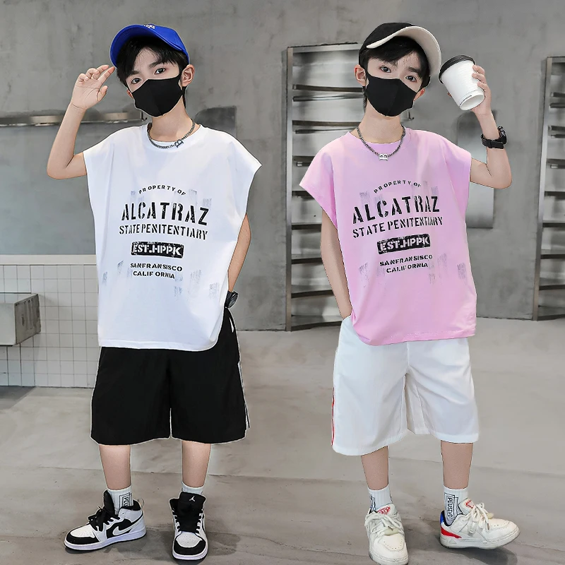 Costume d'été pour enfants de 3 à 14 ans, T-shirt sans manches + short en coton, ensemble de vêtements deux pièces, tenues de survêtement à la mode pour enfants