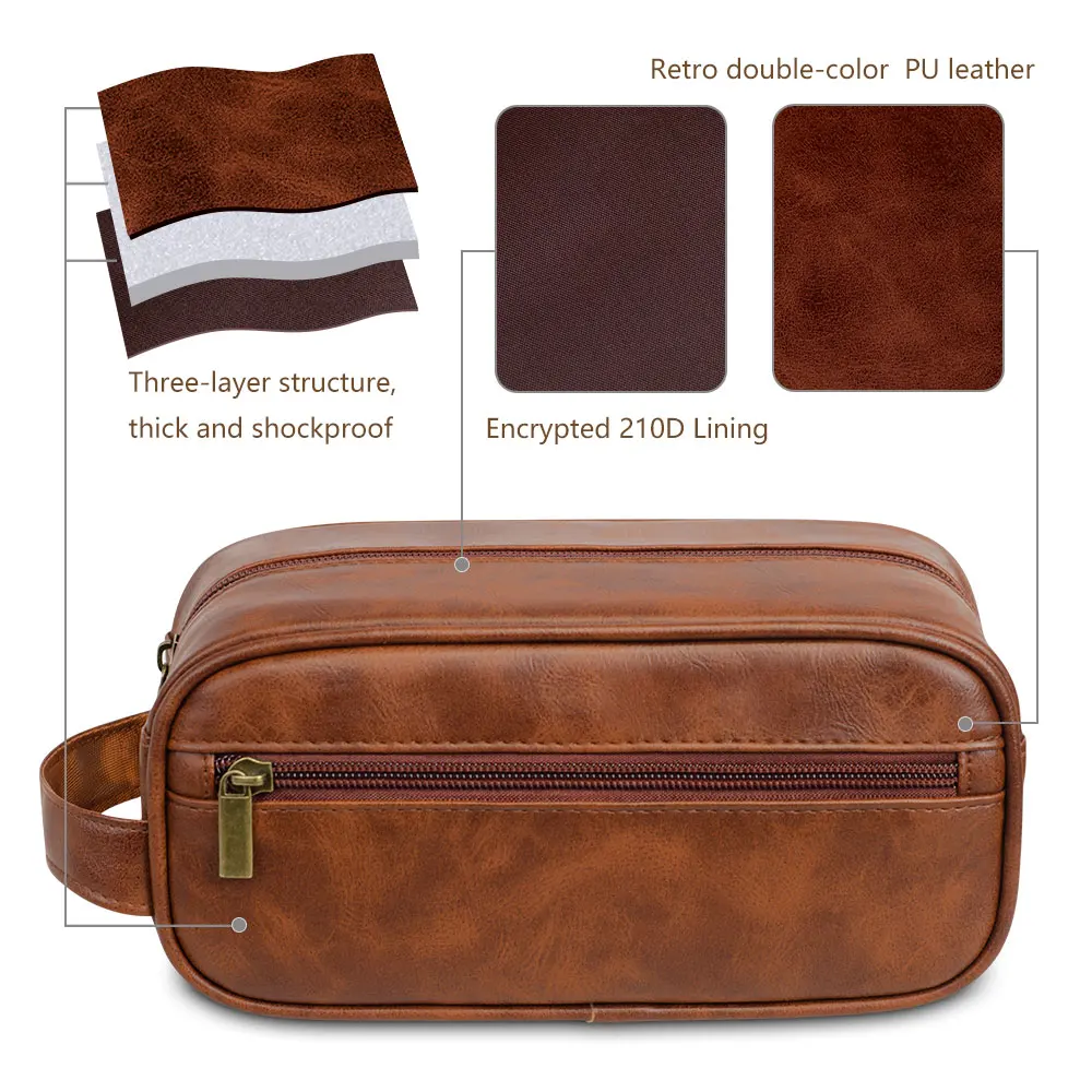 sac de lavage en cuir pour hommes, sac de voyage, voyages d'affaires, sac à cosmétiques portable, grande capacité, conception multi poches, sac de lavage en cuir