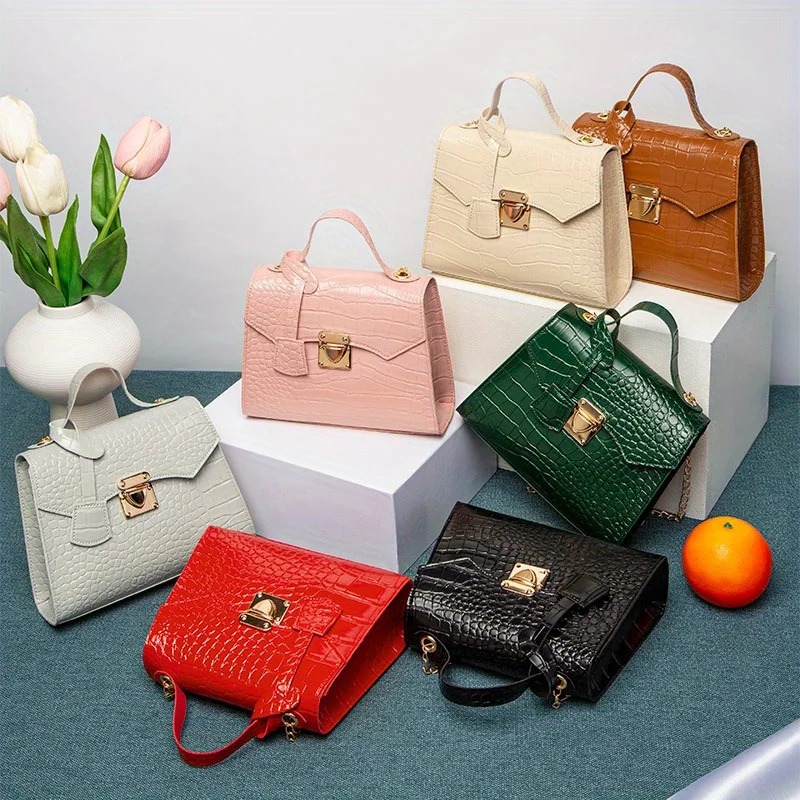 mini sac à main chic en relief crocodile pour femme, document chimsolide, sangle partner, fermeture twist lock, doublé polyester