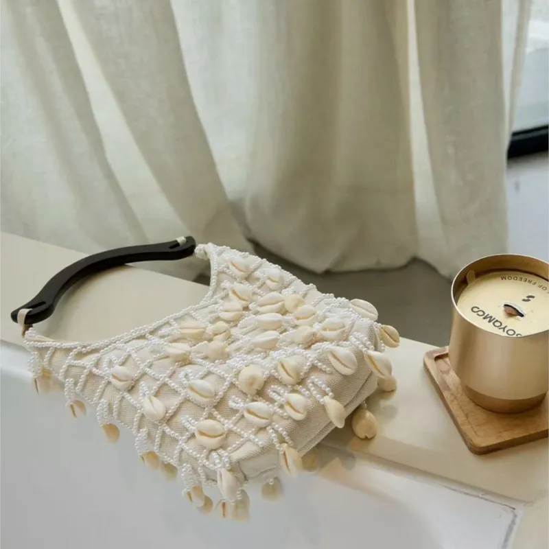 sac à main en coquillage fait à la main, sac seau tissé avec poignée en bois, pompon brodé hobo, pochette de soirée à bandoulière