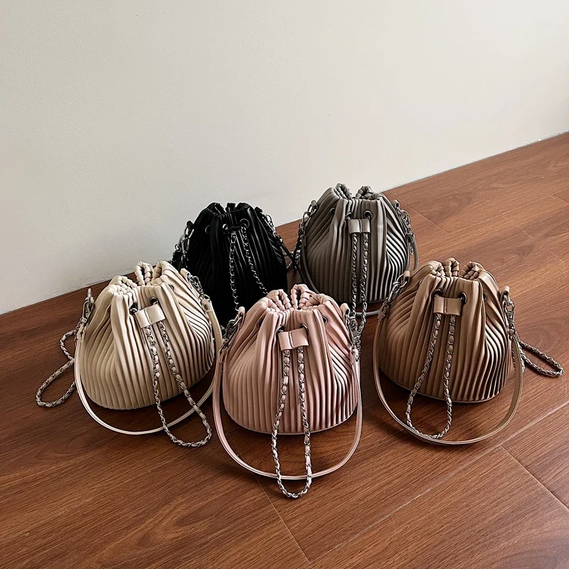 sac à bandoulière en cuir pu pour femmes, design de marque, sac seau à rayures plissées, mini petit sac à bandoulière simple pour dames
