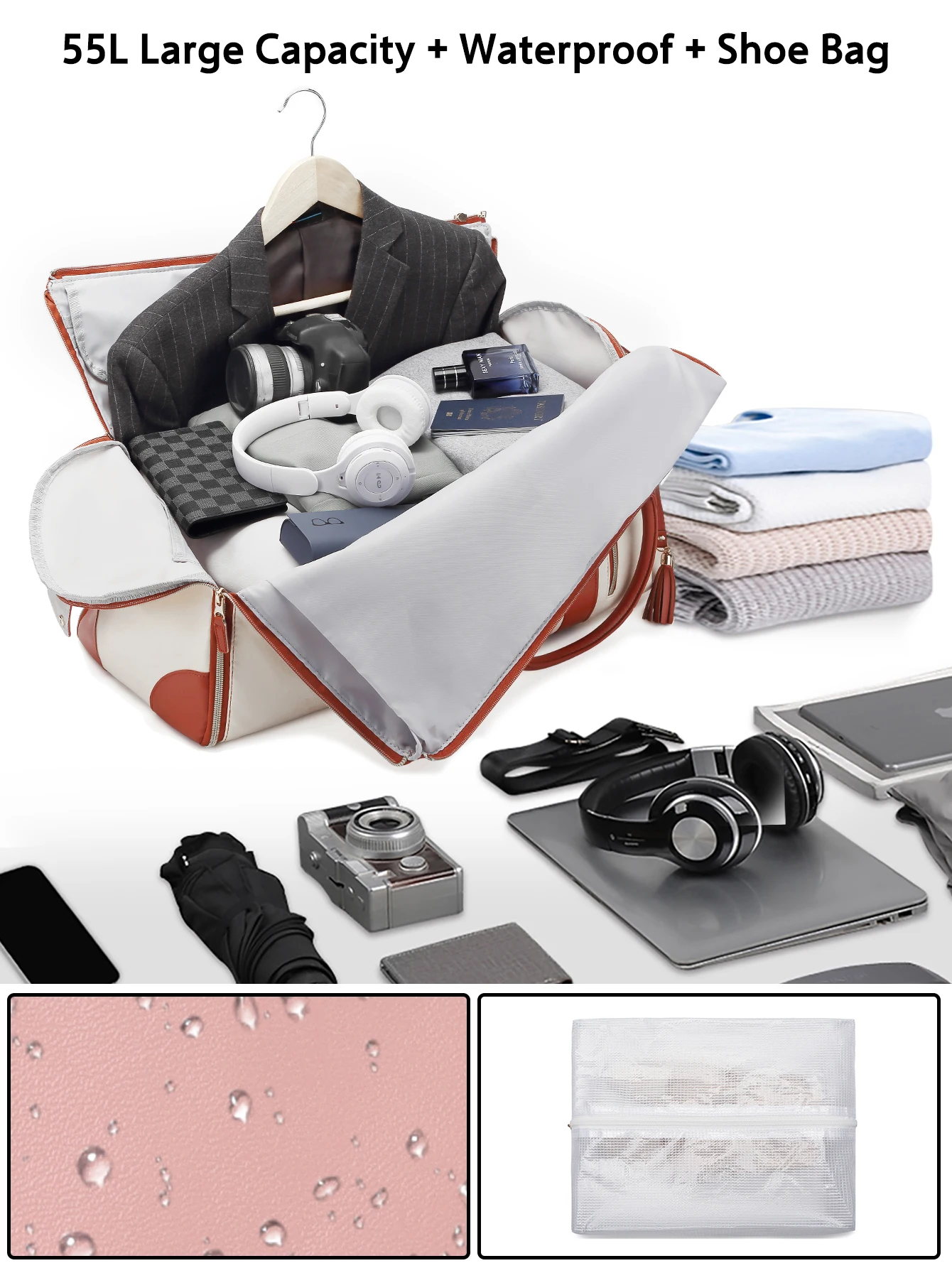 sac à vêtements de voyage portable avec sac à chaussures et sangle de chariot, valise de week end, bagage à main, livraison directe globale, 55l