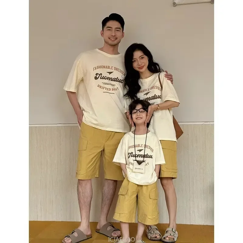 costumes assortis pour la famille, t shirts + shorts en coton à manches courtes pour mère et fils, ensembles deux pièces pour père