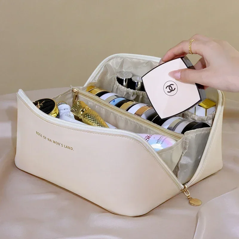 sac à cosmétiques de voyage en cuir de grande capacité pour femme, trousse de maquillage portable, étanche, trousse de toilette multifonctionnelle, sac de rangement d'évaluation