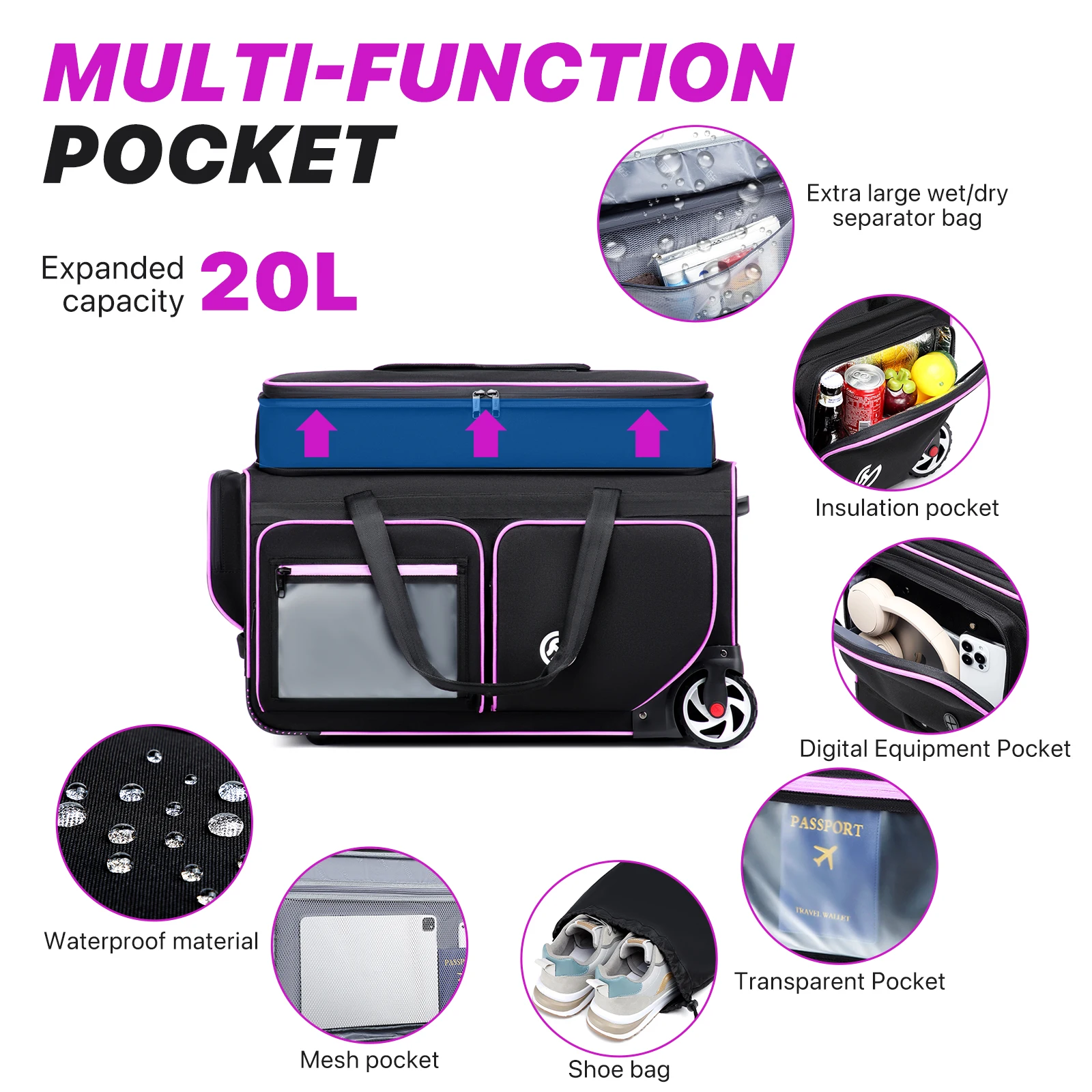 sac de voyage à roulettes d'affaires de grande capacité, bagage à main, sac pour ordinateur portable avec séchage des vêtements, étui de voyage multifonctionnel t1