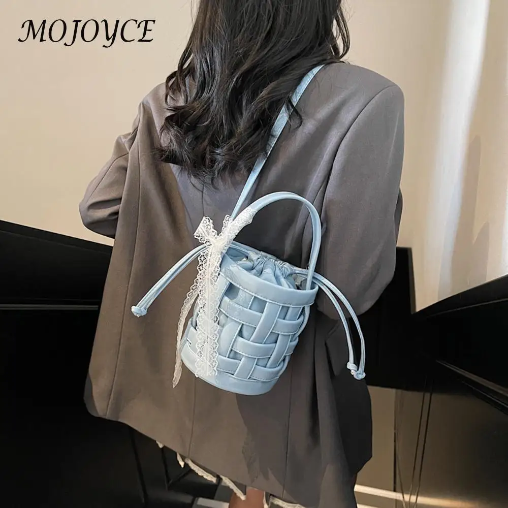 sac seau tissé en pu pour femmes, sac à bandoulière de grande capacité avec cordon de serrage, sac de transport quotidien, sac de plage d'été