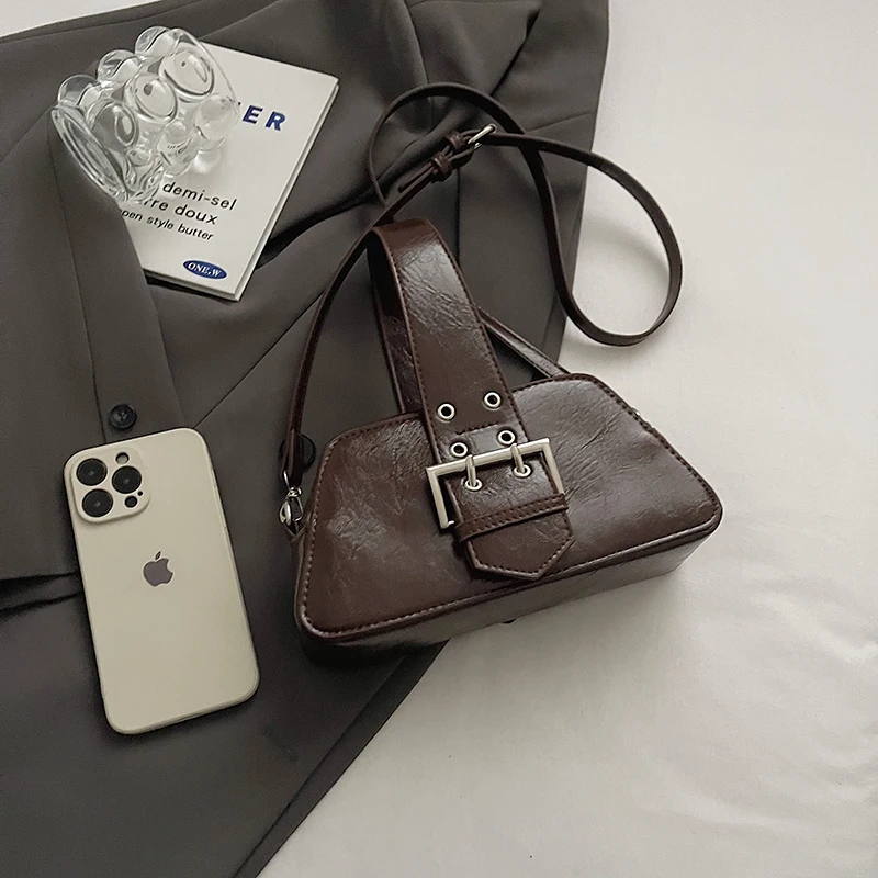 petit sac à main rétro en cuir pour femme, sac à bandoulière, sac à main à fermeture éclair, noir, café, rivet, initié, poignet, mode
