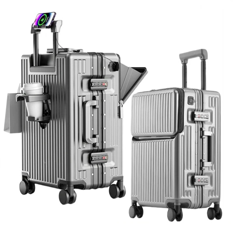 Valises bagages ouverture avant cabine bagages avec USB porte-gobelet femme boîtier de chariot mâle roue de frein sac de voyage bagages