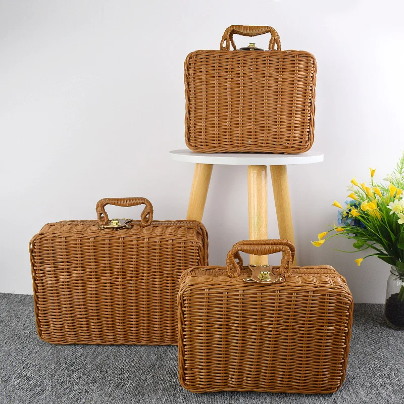 valise de tri et de rangement de cosmétiques, boîte cadeau de transport à la main, mir de rangement tissé en rotin, rétro