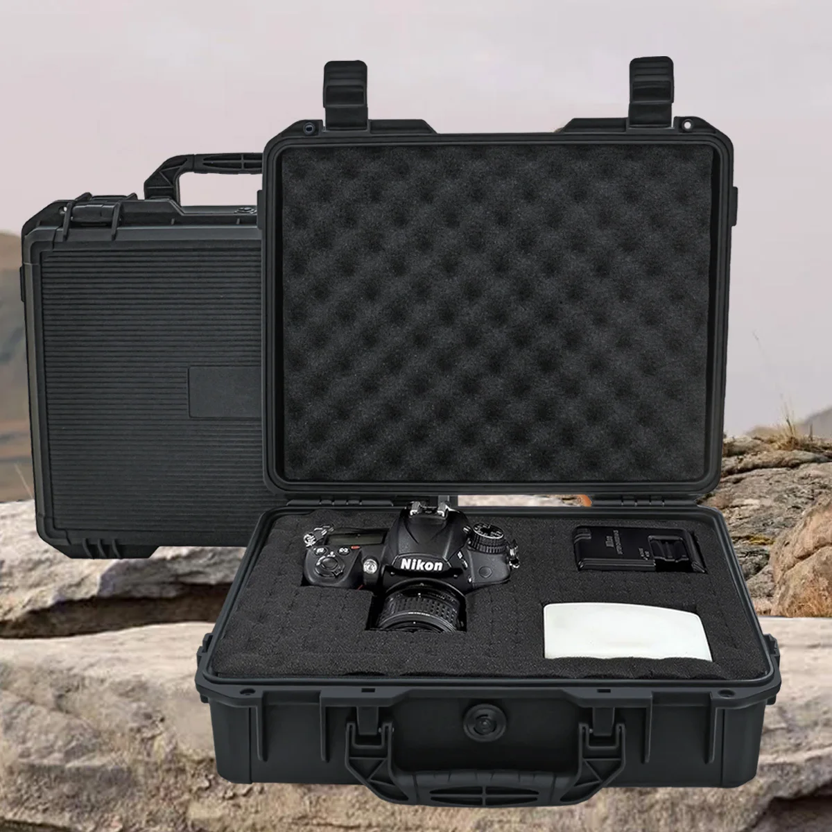 valise noire étanche et durable pour appareil photo/outils, intérieur en mousse personnalisable, portable, mallette de rangement sûre, étui résistant aux chocs