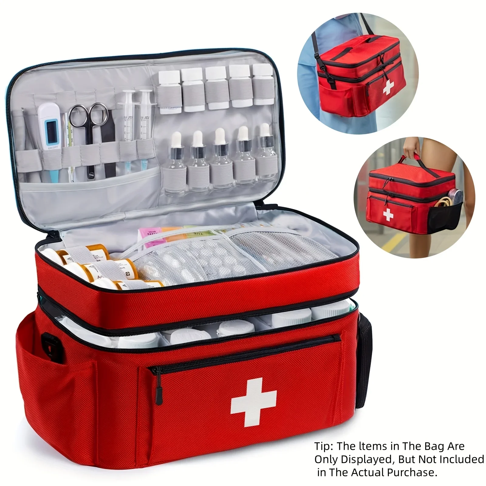 sac de rangement de médicaments de voyage de grande capacité, kit d'urgence portable, conception à double couche, pochette avant, plusieurs façons de transporter.