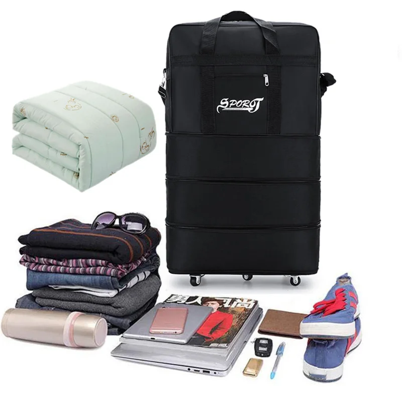 pack de voyage roues pour femmes hommes extensible pliable chariot bagages polyvalent valise noire pour voyage week end sac de nuit