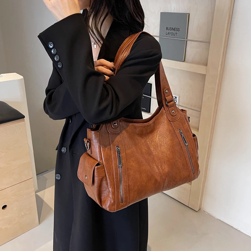 sac à main de luxe pour femmes, sac à bandoulière rétro européen et américain, texture de couleur unie, grande capacité, sac de voyage d'affaires et de transport